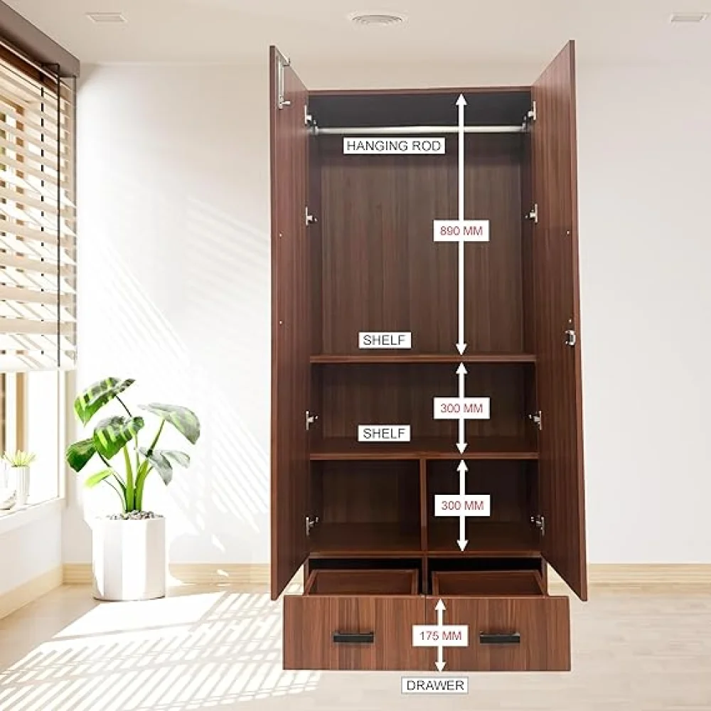 2 Door Multi Utility Wardrobe with 2 Drawers, Engineered Wood Almirah with Shelves, Wooden Cupboard for Clothes, Walnut Finish, Size H 72 x L 32 x W 16 inches