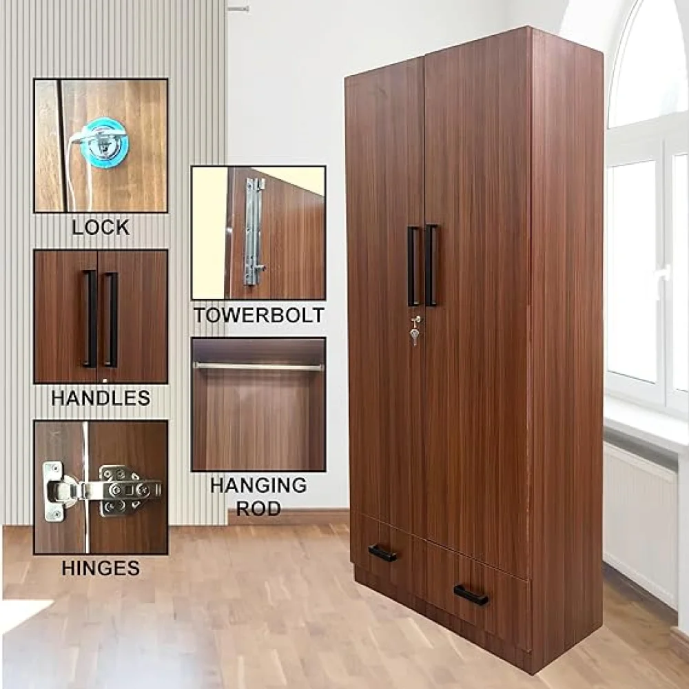 2 Door Multi Utility Wardrobe with 2 Drawers, Engineered Wood Almirah with Shelves, Wooden Cupboard for Clothes, Walnut Finish, Size H 72 x L 32 x W 16 inches