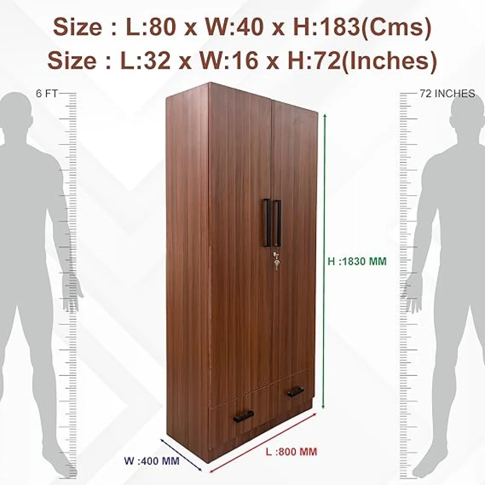 2 Door Multi Utility Wardrobe with 2 Drawers, Engineered Wood Almirah with Shelves, Wooden Cupboard for Clothes, Walnut Finish, Size H 72 x L 32 x W 16 inches