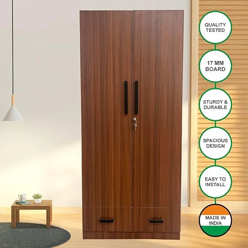 2 Door Multi Utility Wardrobe with 2 Drawers, Engineered Wood Almirah with Shelves, Wooden Cupboard for Clothes, Walnut Finish, Size H 72 x L 32 x W 16 inches
