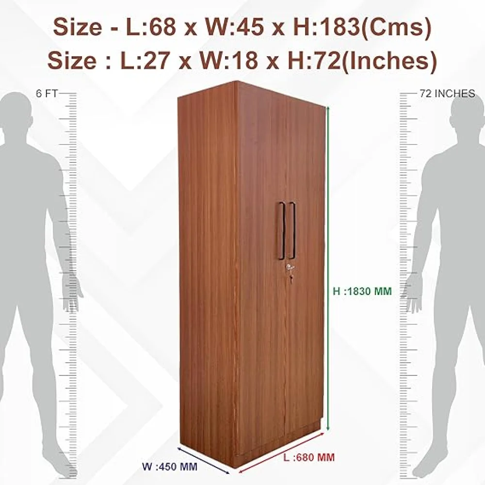 2 Door Multi Utility Wardrobe with Shelves Engineered Wood Almirah with Lock for Clothes, Walnut Finish Size H72 x L27 x W18 inches