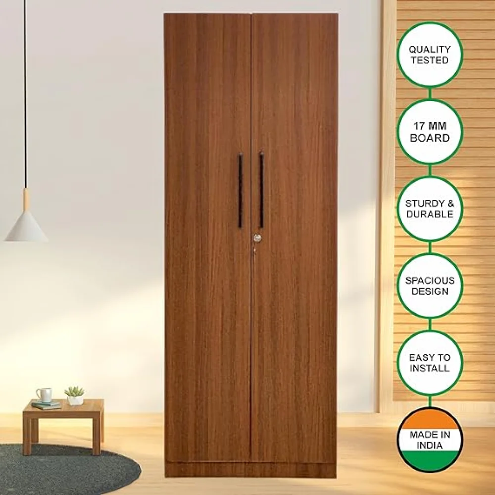 2 Door Multi Utility Wardrobe with Shelves Engineered Wood Almirah with Lock for Clothes, Walnut Finish Size H72 x L27 x W18 inches