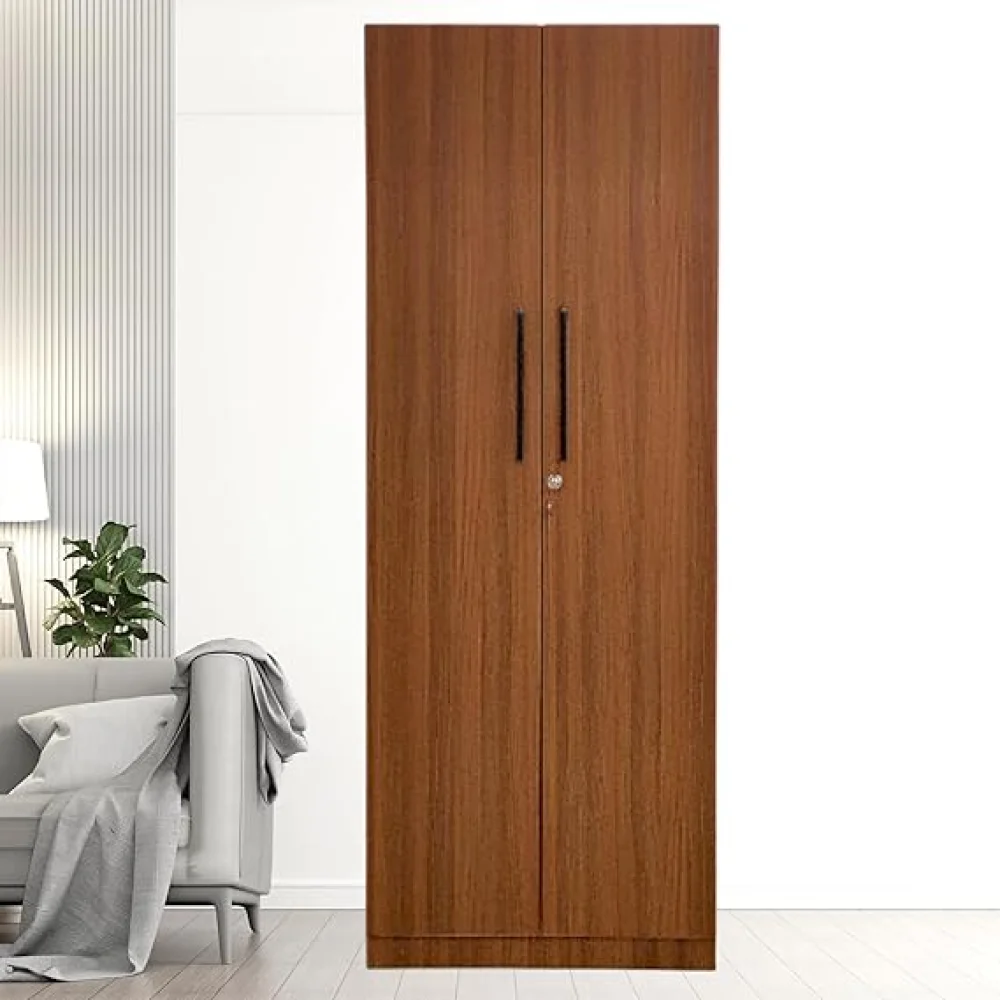 2 Door Multi Utility Wardrobe with Shelves Engineered Wood Almirah with Lock for Clothes, Walnut Finish Size H72 x L27 x W18 inches