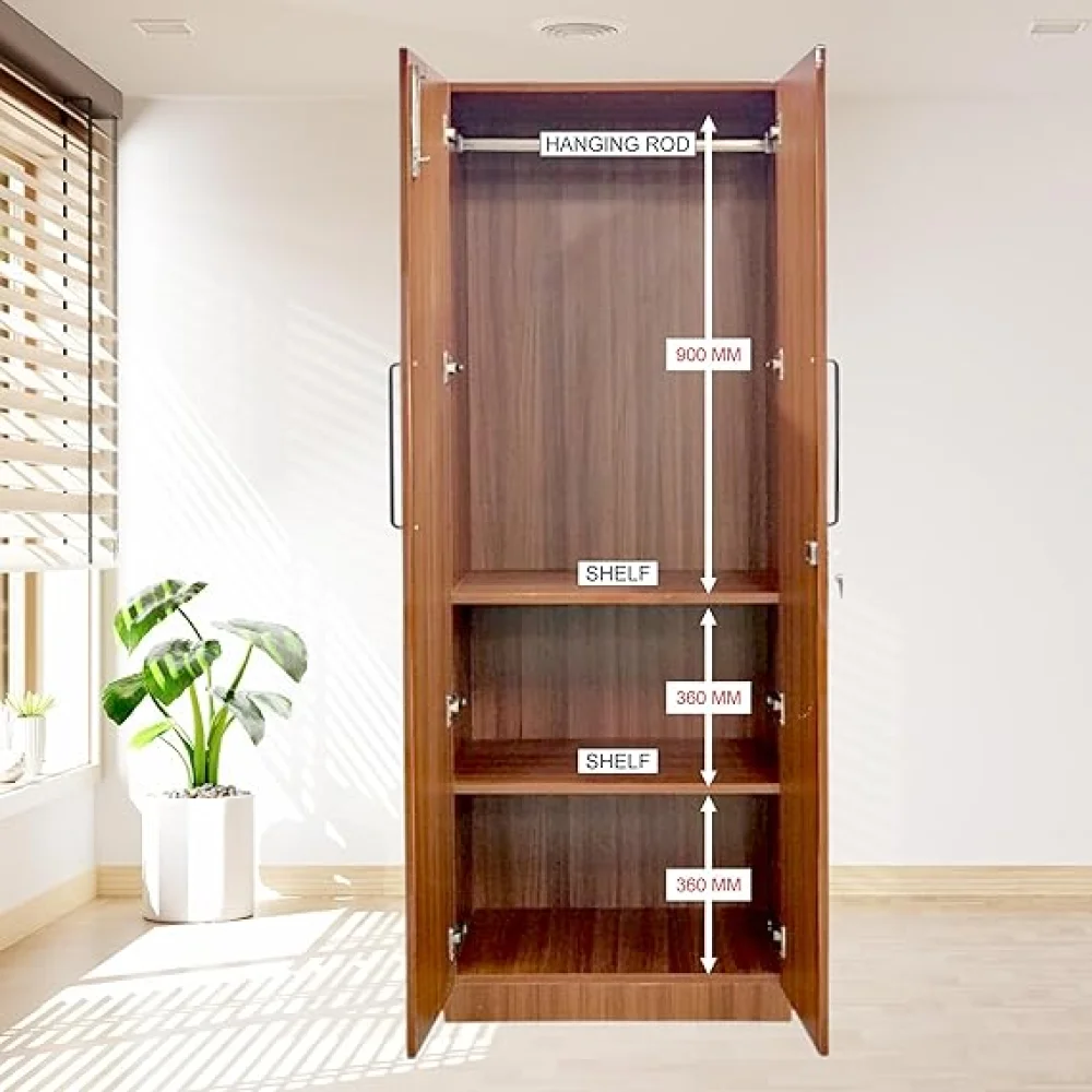 2 Door Multi Utility Wardrobe with Shelves Engineered Wood Almirah with Lock for Clothes, Walnut Finish Size H72 x L27 x W18 inches