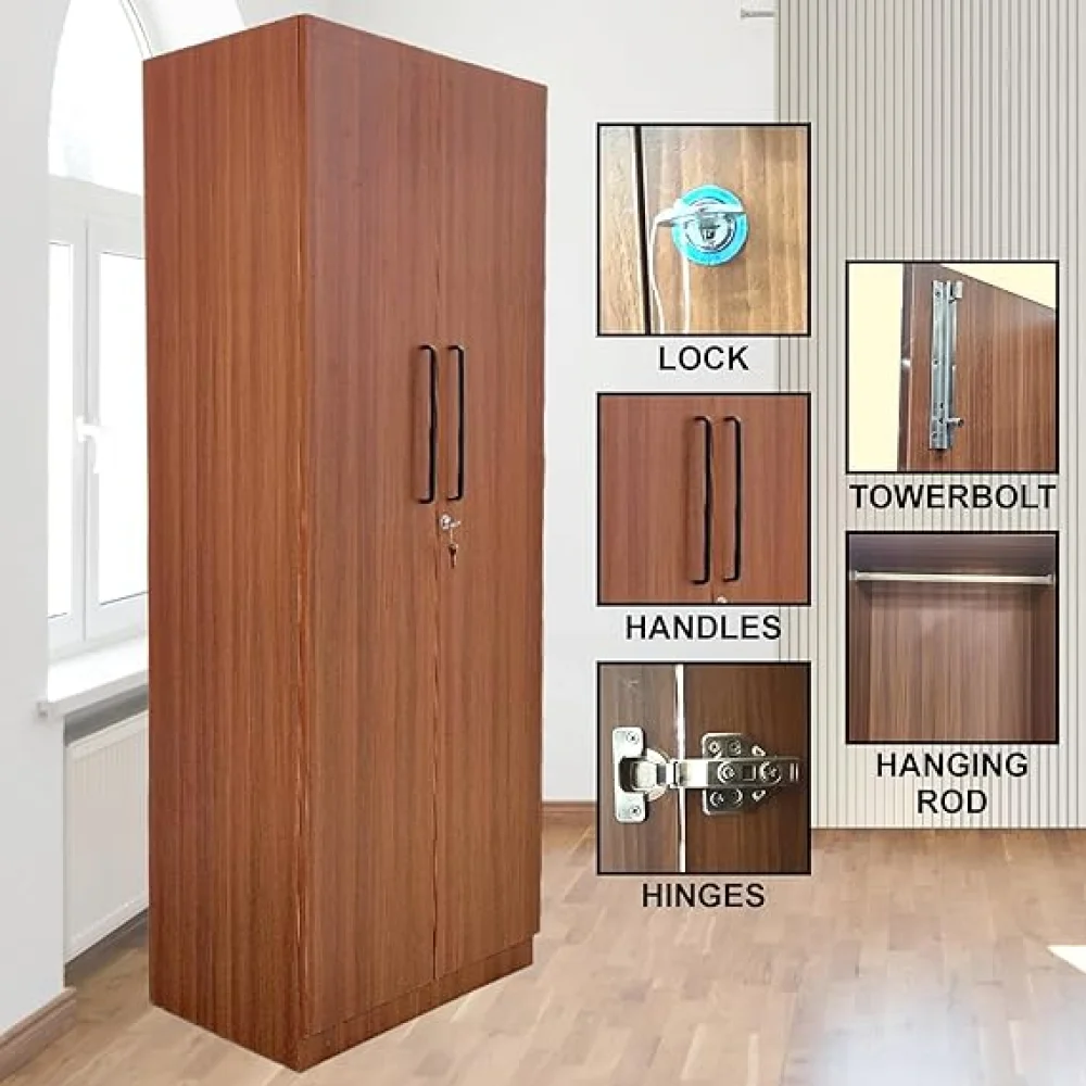 2 Door Multi Utility Wardrobe with Shelves Engineered Wood Almirah with Lock for Clothes, Walnut Finish Size H72 x L27 x W18 inches