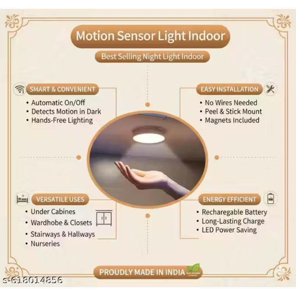 NSCC Motion Sensor Light for Home with USB Charging Wireless Self Adhesive LED Nightlight Rechargeable Body Sensor Wall Light for Hallway, Wardrobe, Bedroom, Stairs ,Bathroom, Kitchen, Basement, Cupboard, Garage ( Pack of 1)