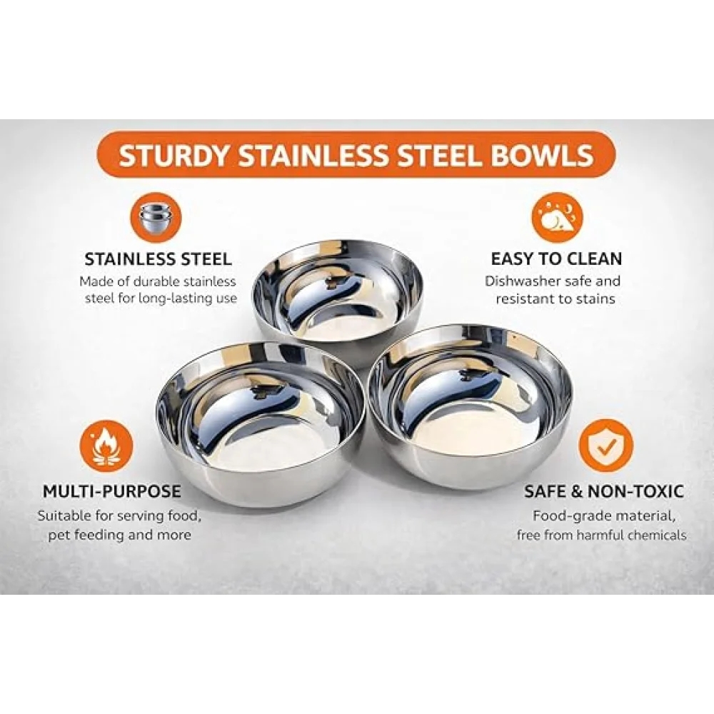 Stainless Steel Serving Bowls Set | Hammered Finish Traditional Bowl | Durable Tableware for Curry Dal Soup Dessert | Set of 3