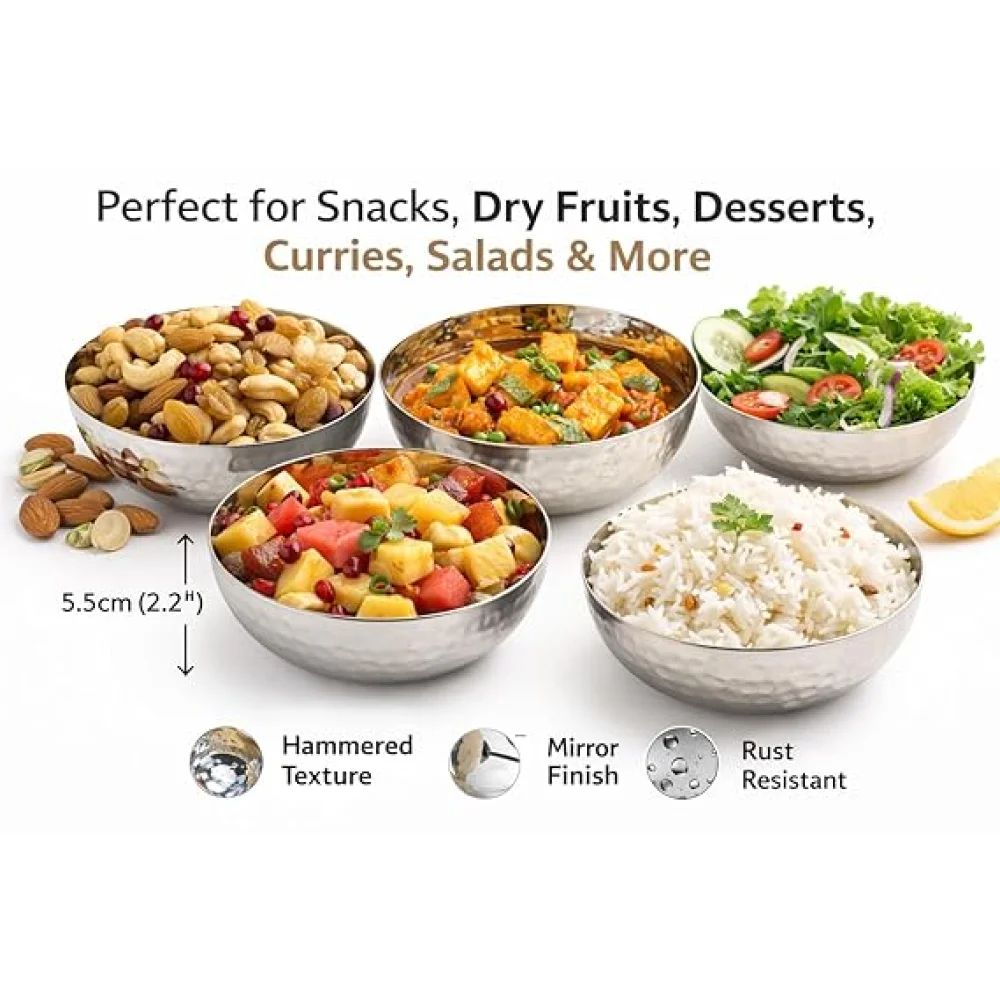 Stainless Steel Serving Bowls Set | Hammered Finish Traditional Bowl | Durable Tableware for Curry Dal Soup Dessert | Set of 3