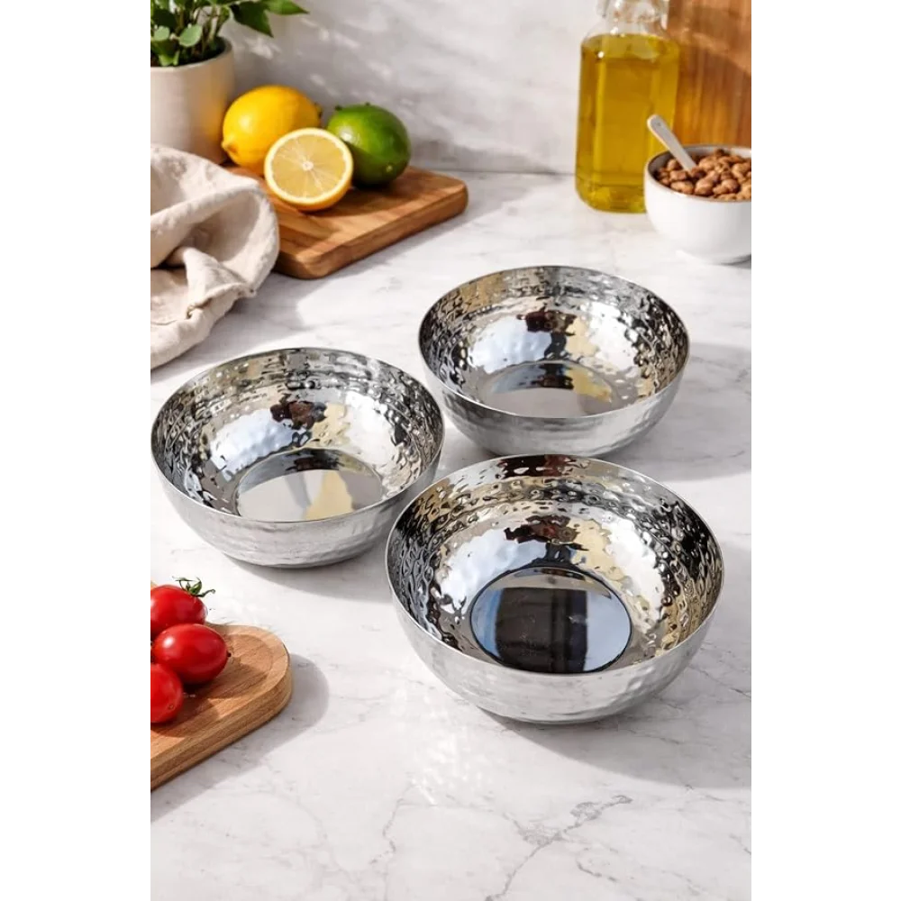 Stainless Steel Serving Bowls Set | Hammered Finish Traditional Bowl | Durable Tableware for Curry Dal Soup Dessert | Set of 3