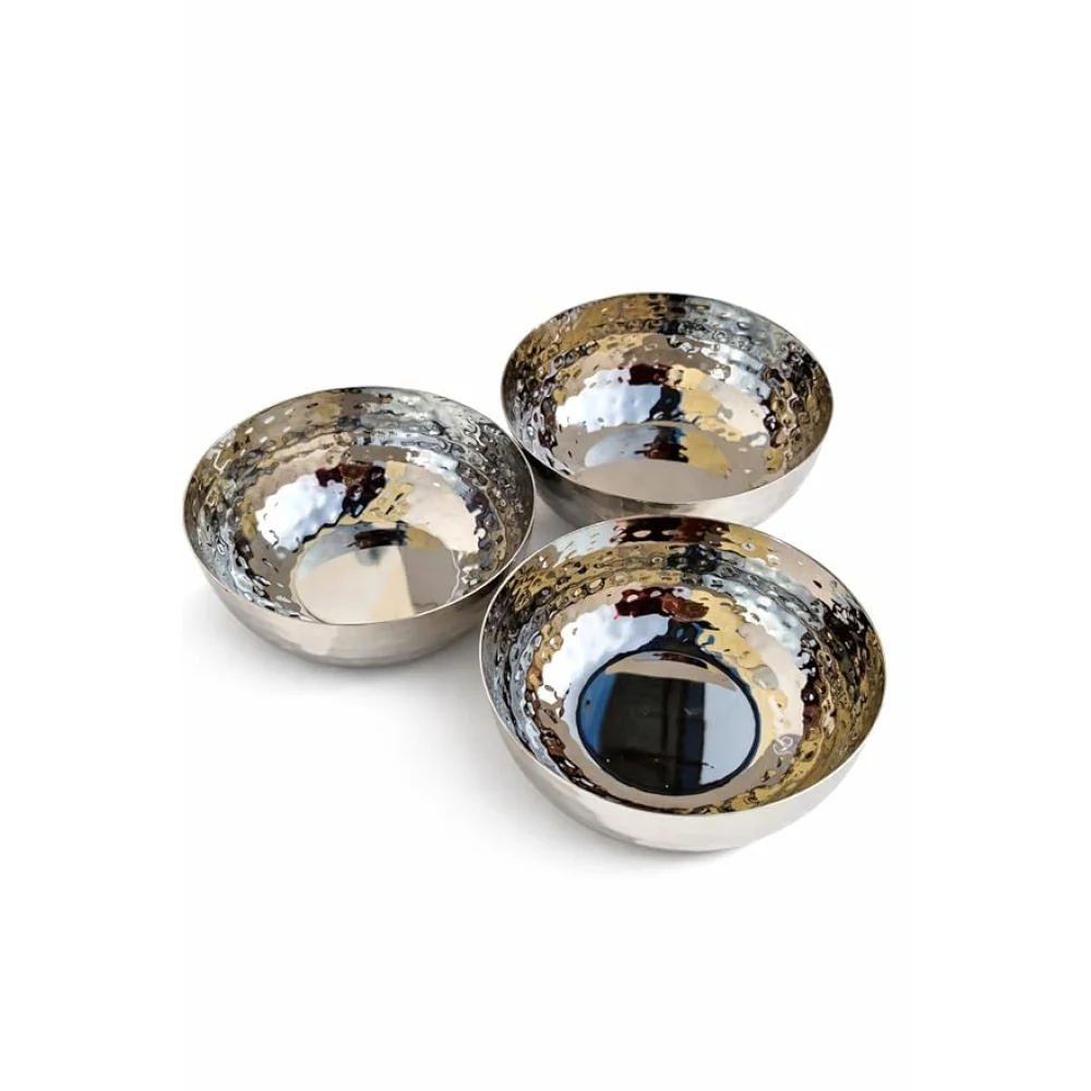 Stainless Steel Serving Bowls Set | Hammered Finish Traditional Bowl | Durable Tableware for Curry Dal Soup Dessert | Set of 3