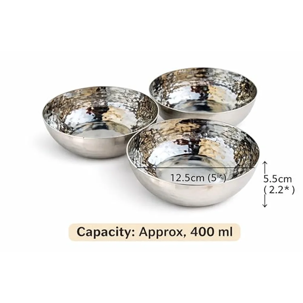 Stainless Steel Serving Bowls Set | Hammered Finish Traditional Bowl | Durable Tableware for Curry Dal Soup Dessert | Set of 3