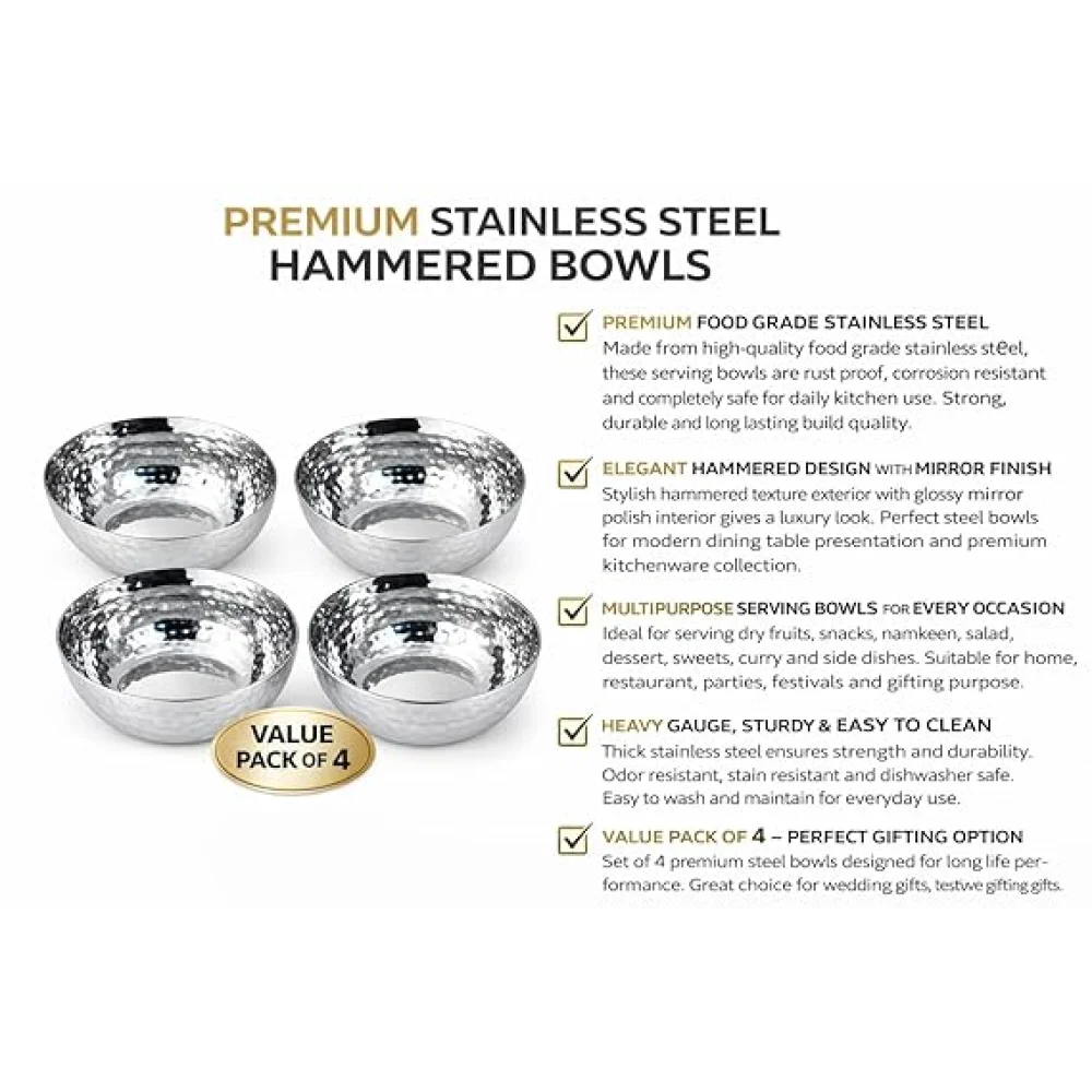 Stainless Steel Serving Bowls Set | Hammered Finish Traditional Bowl | Durable Tableware for Curry Dal Soup Dessert | Set of 4 (Set of 6)