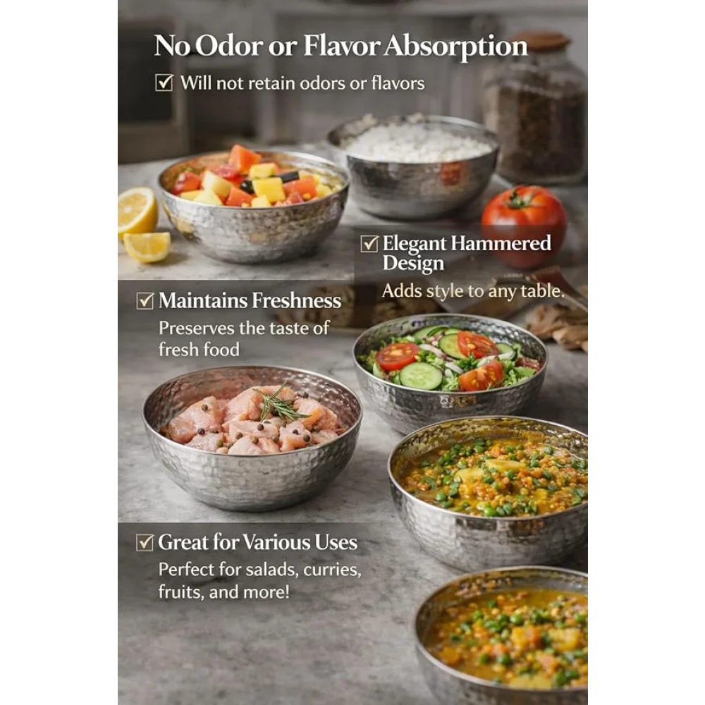 Stainless Steel Serving Bowls Set | Hammered Finish Traditional Bowl | Durable Tableware for Curry Dal Soup Dessert | Set of 4 (Set of 6)