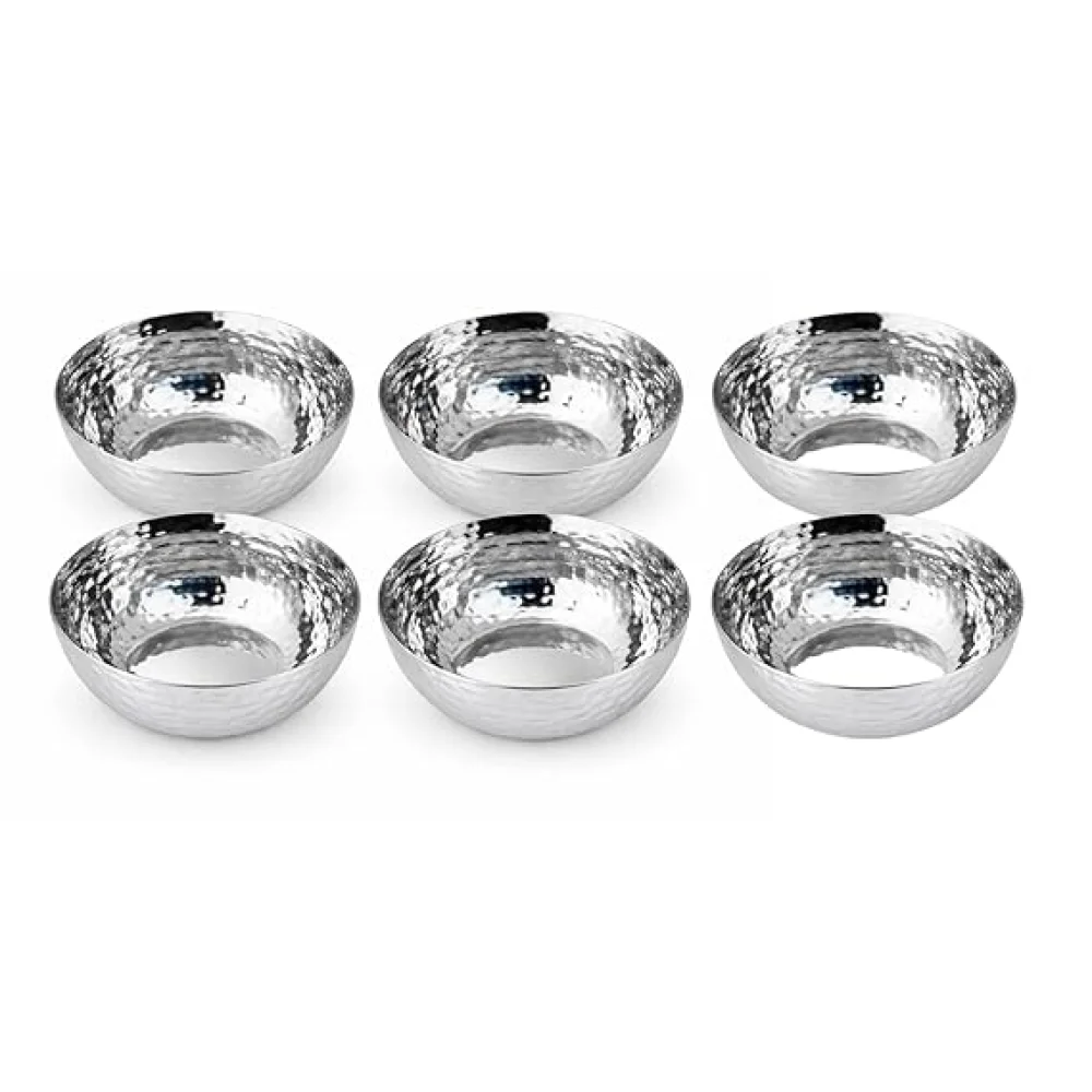 Stainless Steel Serving Bowls Set | Hammered Finish Traditional Bowl | Durable Tableware for Curry Dal Soup Dessert | Set of 4 (Set of 6)