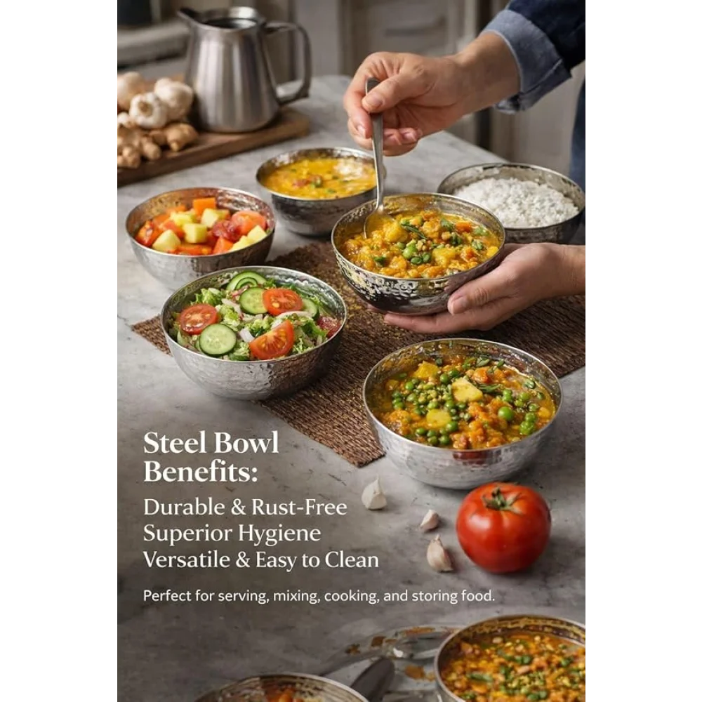 Stainless Steel Serving Bowls Set | Hammered Finish Traditional Bowl | Durable Tableware for Curry Dal Soup Dessert | Set of 4 (Set of 6)