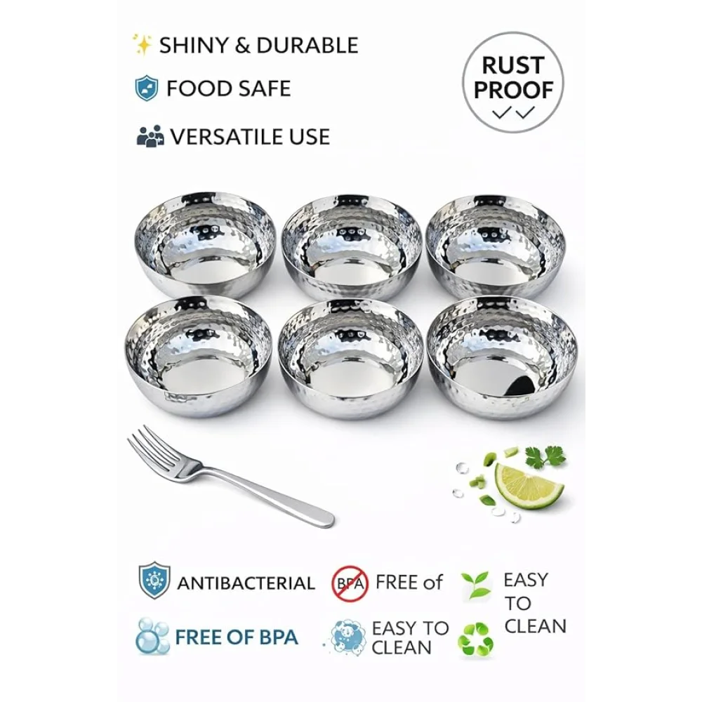 Stainless Steel Serving Bowls Set | Hammered Finish Traditional Bowl | Durable Tableware for Curry Dal Soup Dessert | Set of 4 (Set of 6)