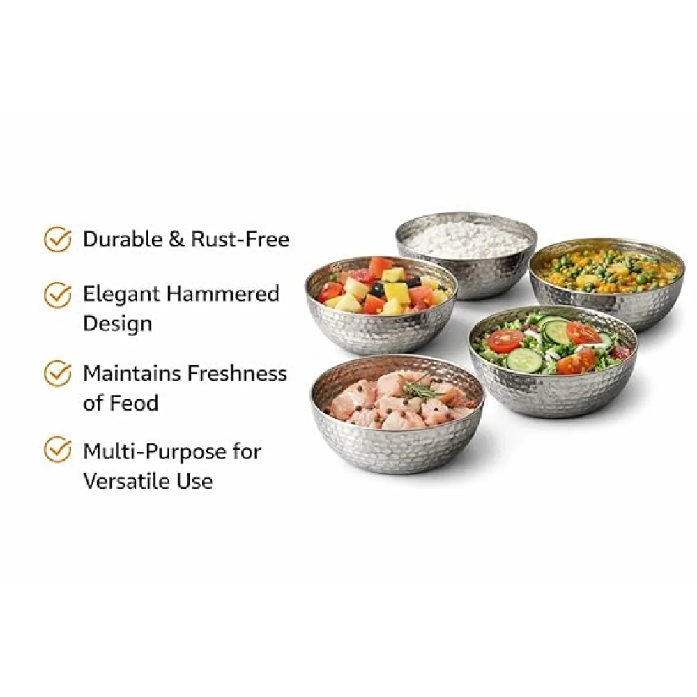 Stainless Steel Serving Bowls Set | Hammered Finish Traditional Bowl | Durable Tableware for Curry Dal Soup Dessert | Set of 4 (Set of 6)