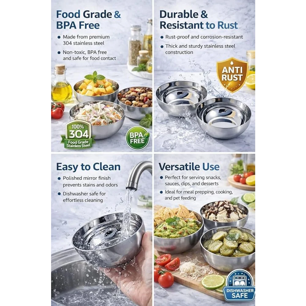 Stainless Steel Solid Bowl Set | Durable Multipurpose Steel Bowls for Kitchen Serving Soup Snacks Ice Cream (Set of 4)| (Set of 6)