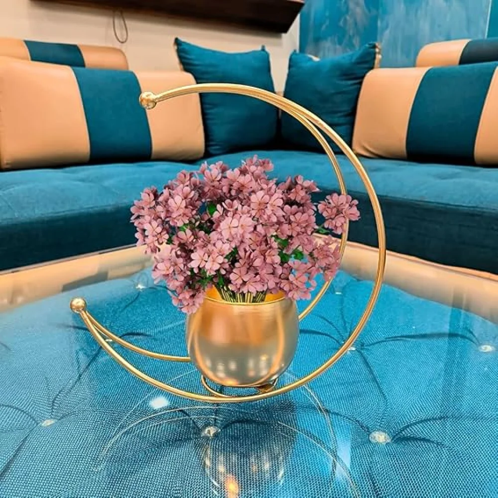 The Decor House Metal Geometric Design Vase with Gold Finish - Table Decorative Flower Pot (Moon vase) (Size: 26X26)
