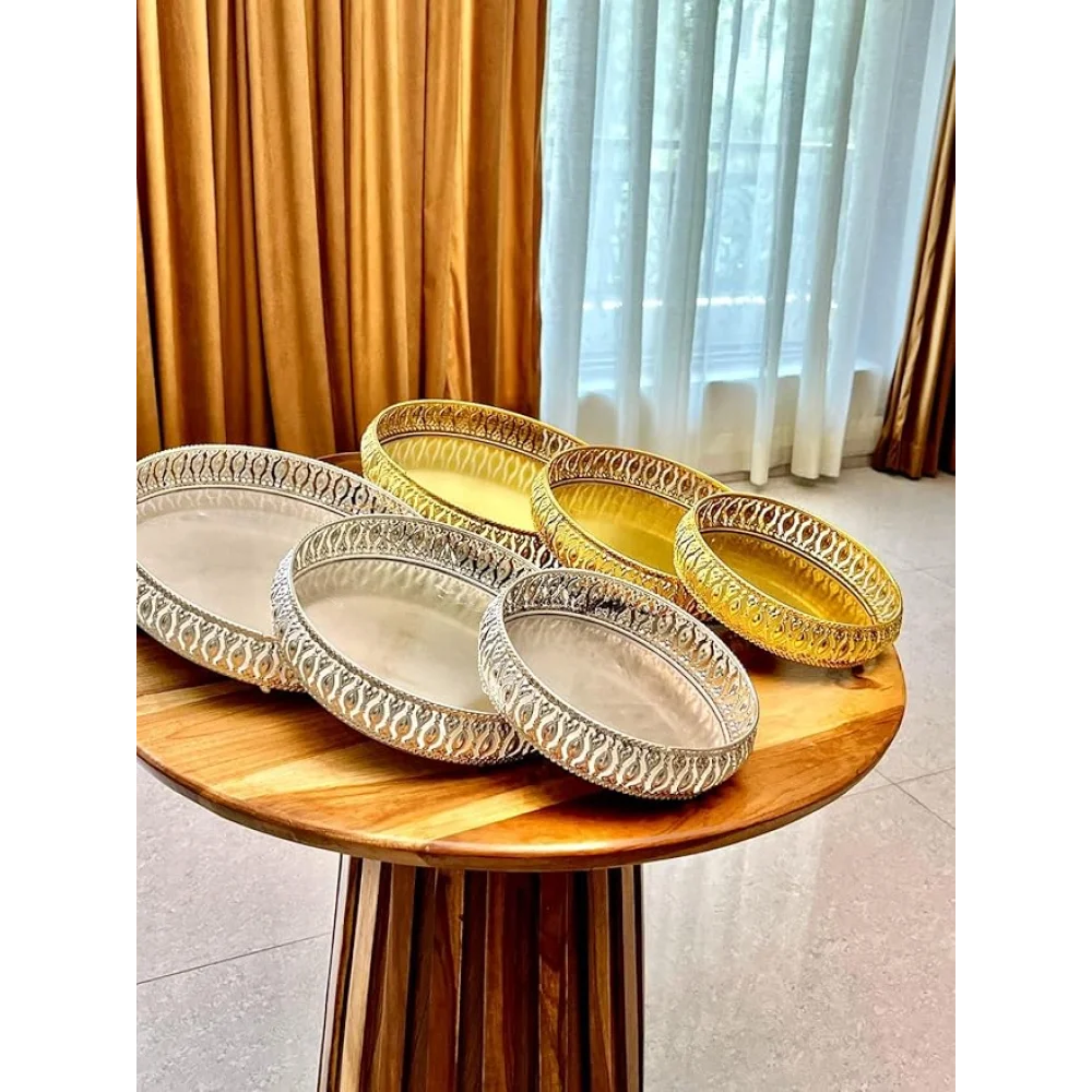 Hamper Basket Tray for Pooja Plate Diwali, Wedding, Birthday Party | Coated Plate with 3 Legs | Marriage Tray | 3 Set of Decorative Plates | (Golden)