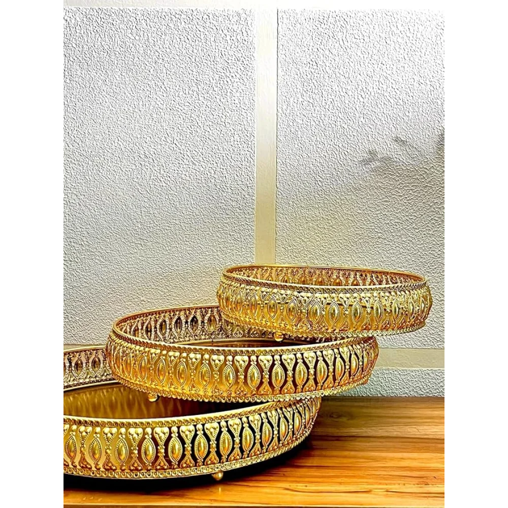 Hamper Basket Tray for Pooja Plate Diwali, Wedding, Birthday Party | Coated Plate with 3 Legs | Marriage Tray | 3 Set of Decorative Plates | (Golden)