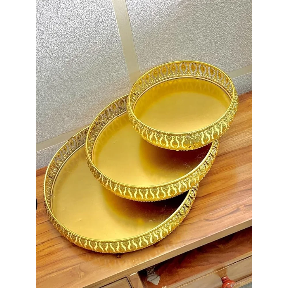 Hamper Basket Tray for Pooja Plate Diwali, Wedding, Birthday Party | Coated Plate with 3 Legs | Marriage Tray | 3 Set of Decorative Plates | (Golden)