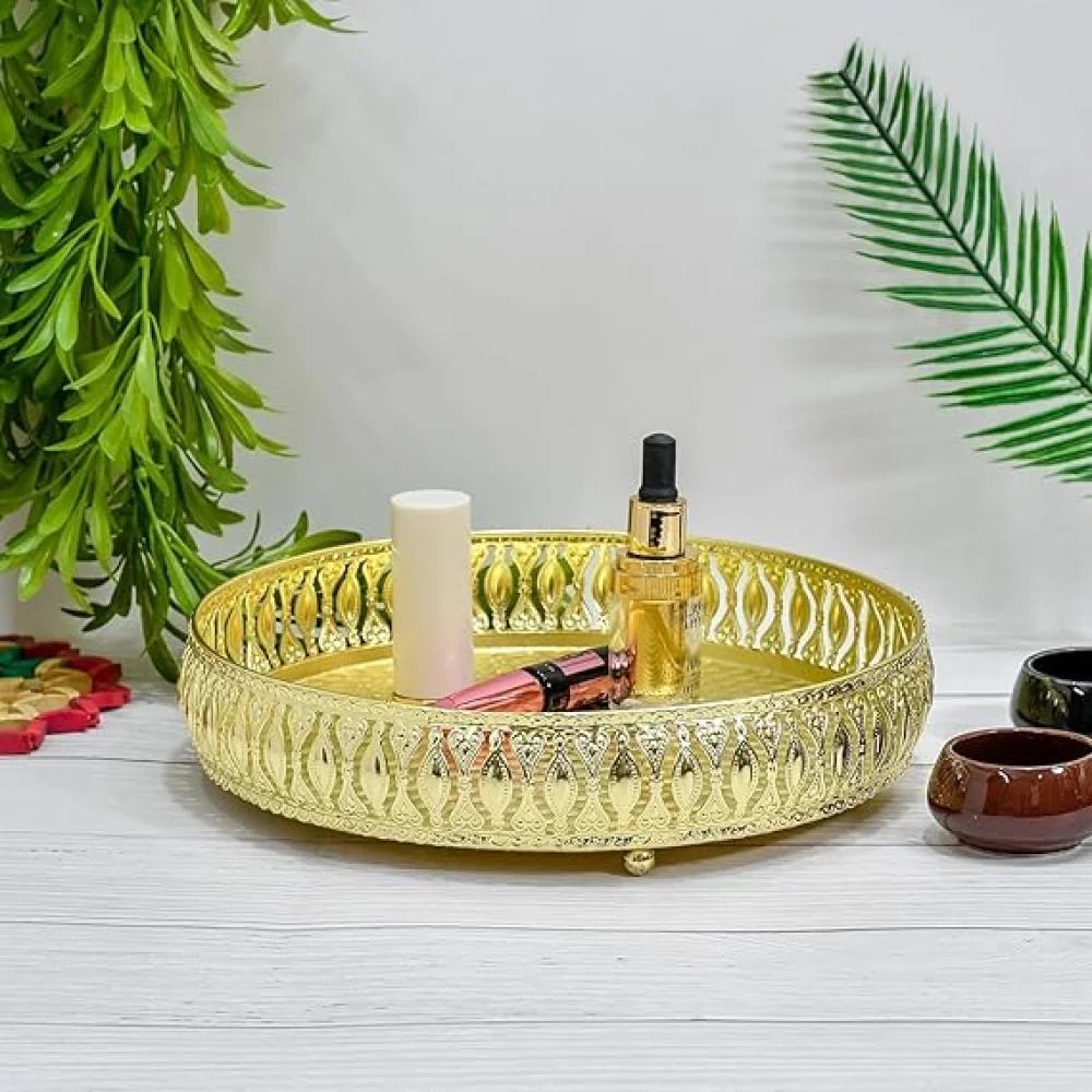 Hamper Basket Tray for Pooja Plate Diwali, Wedding, Birthday Party | Coated Plate with 3 Legs | Marriage Tray | 3 Set of Decorative Plates | (Golden)