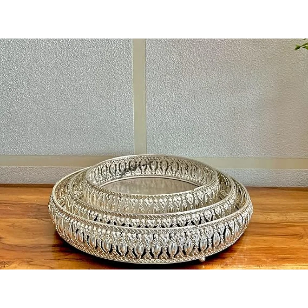 Hamper Basket Tray for Pooja Plate Diwali, Wedding, Birthday Party | Coated Plate with 3 Legs | Marriage Tray | 3 Set of Decorative Plates | (Golden)