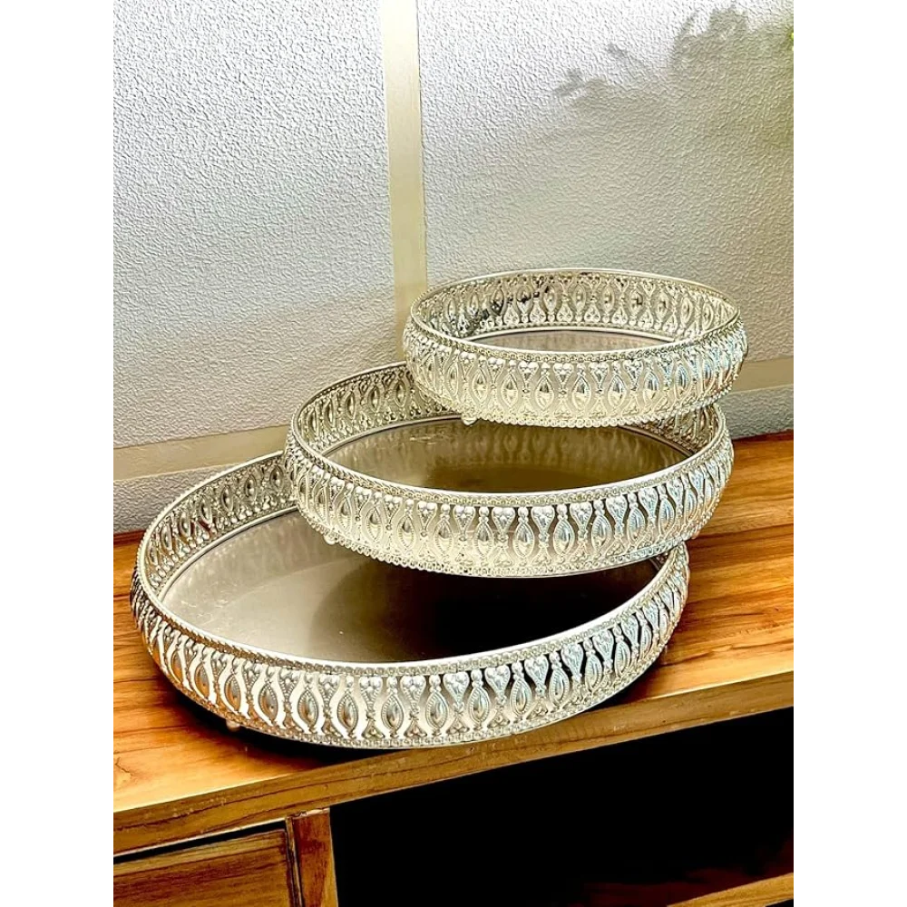 Hamper Basket Tray for Pooja Plate Diwali, Wedding, Birthday Party | Coated Plate with 3 Legs | Marriage Tray | 3 Set of Decorative Plates | (Golden)