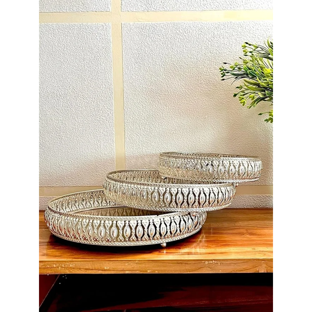 Hamper Basket Tray for Pooja Plate Diwali, Wedding, Birthday Party | Coated Plate with 3 Legs | Marriage Tray | 3 Set of Decorative Plates | (Golden)