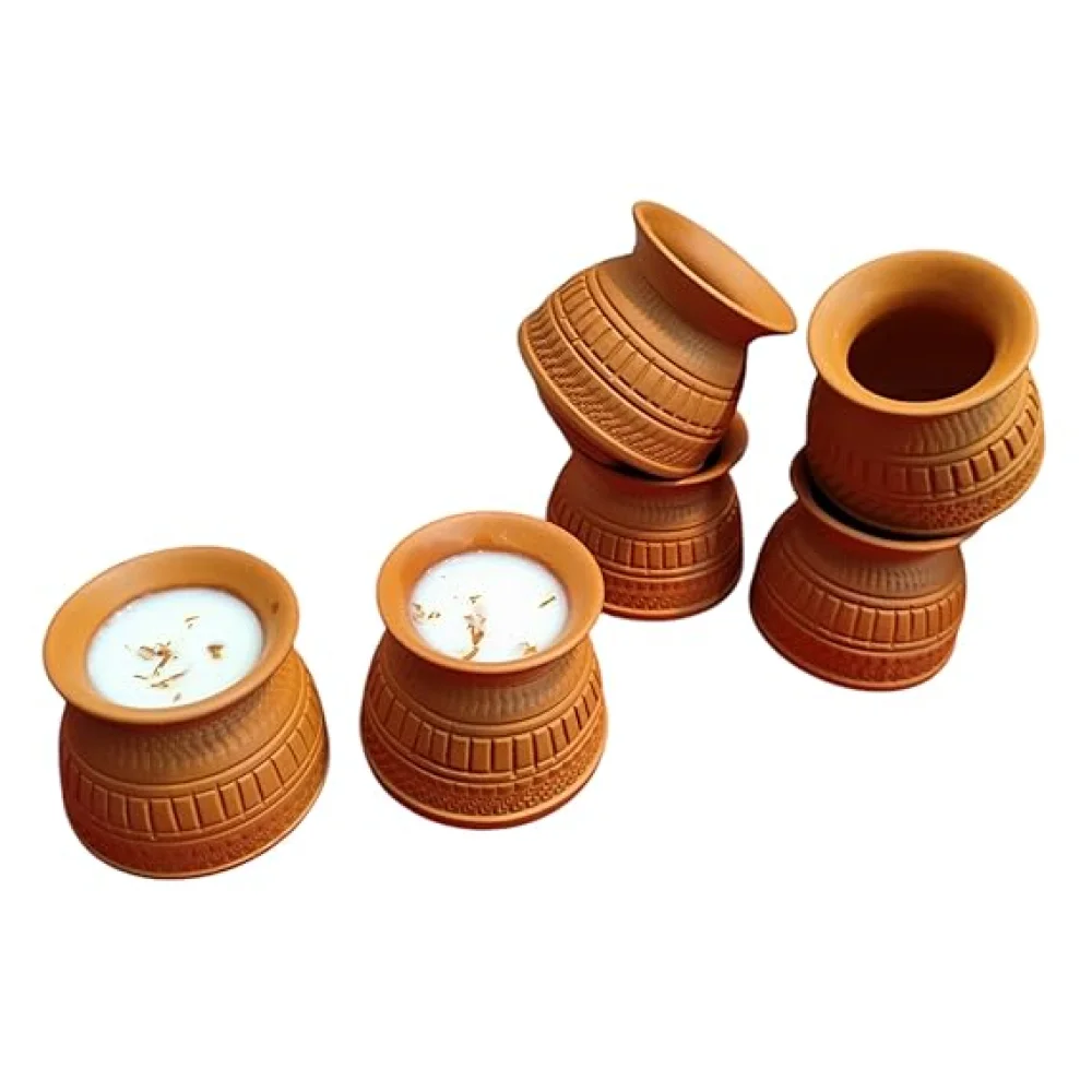 Reusable Terracotta MicrowaveSafe Dahi Storage Matka, Kulfi Matka, Thandai Glass, Coffee Cup, Tea Cup for Home Use, Cafeteria Use, Tabelware, Corporate Gifting 120ml (Set of 6)