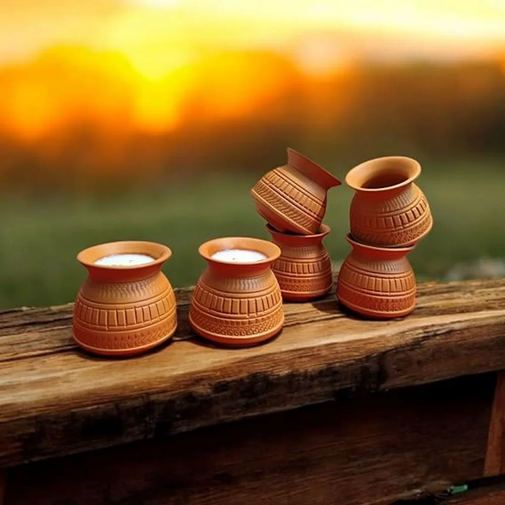 Reusable Terracotta MicrowaveSafe Dahi Storage Matka, Kulfi Matka, Thandai Glass, Coffee Cup, Tea Cup for Home Use, Cafeteria Use, Tabelware, Corporate Gifting 120ml (Set of 6)