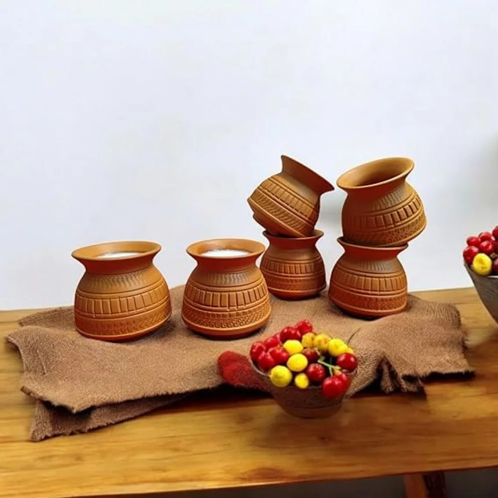 Reusable Terracotta MicrowaveSafe Dahi Storage Matka, Kulfi Matka, Thandai Glass, Coffee Cup, Tea Cup for Home Use, Cafeteria Use, Tabelware, Corporate Gifting 120ml (Set of 6)