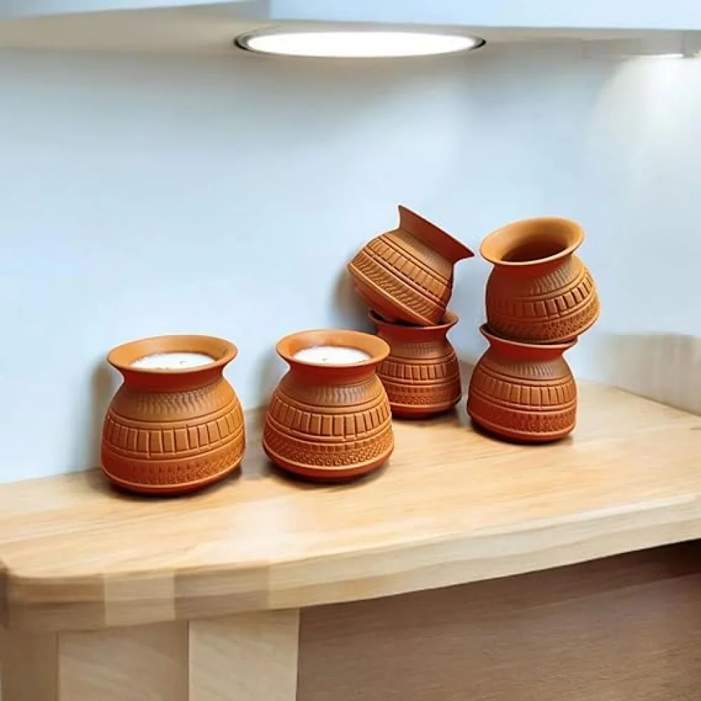 Reusable Terracotta MicrowaveSafe Dahi Storage Matka, Kulfi Matka, Thandai Glass, Coffee Cup, Tea Cup for Home Use, Cafeteria Use, Tabelware, Corporate Gifting 120ml (Set of 6)