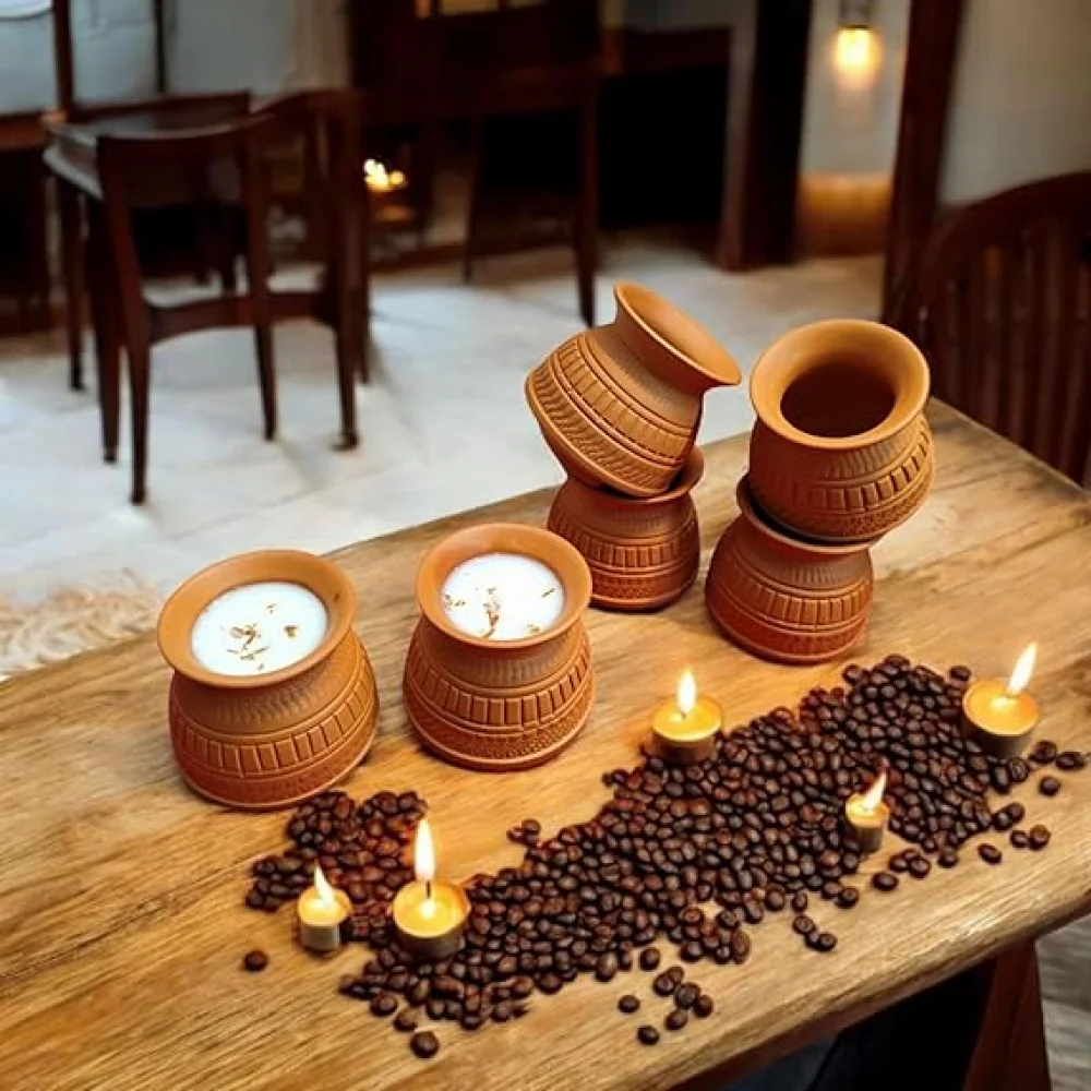 Reusable Terracotta MicrowaveSafe Dahi Storage Matka, Kulfi Matka, Thandai Glass, Coffee Cup, Tea Cup for Home Use, Cafeteria Use, Tabelware, Corporate Gifting 120ml (Set of 6)