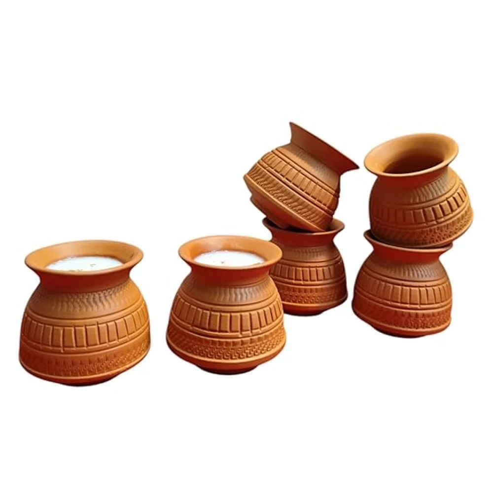 Reusable Terracotta MicrowaveSafe Dahi Storage Matka, Kulfi Matka, Thandai Glass, Coffee Cup, Tea Cup for Home Use, Cafeteria Use, Tabelware, Corporate Gifting 120ml (Set of 6)