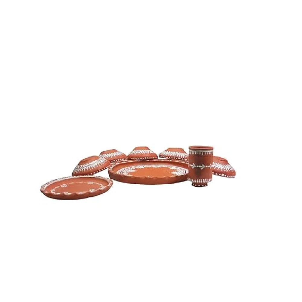 Terracotta Dinner Thali Set – 9 Pc Handmade Clay Earthenware Tableware | Eco-Friendly Traditional Dinnerware | Aiburo Bhaat Rice Feeding Ceremony Special Set