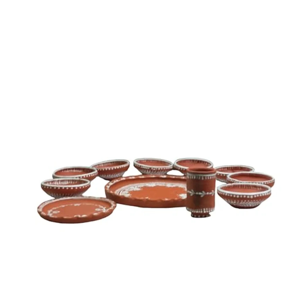 Terracotta Dinner Thali Set – 9 Pc Handmade Clay Earthenware Tableware | Eco-Friendly Traditional Dinnerware | Aiburo Bhaat Rice Feeding Ceremony Special Set