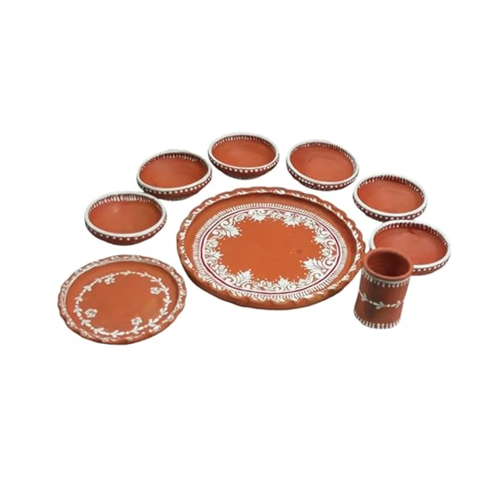 Terracotta Dinner Thali Set – 9 Pc Handmade Clay Earthenware Tableware | Eco-Friendly Traditional Dinnerware | Aiburo Bhaat Rice Feeding Ceremony Special Set
