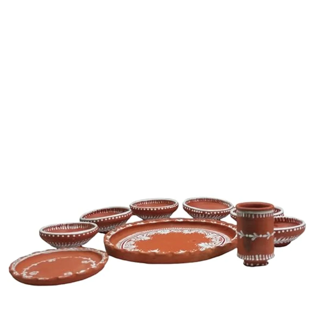 Terracotta Dinner Thali Set – 9 Pc Handmade Clay Earthenware Tableware | Eco-Friendly Traditional Dinnerware | Aiburo Bhaat Rice Feeding Ceremony Special Set