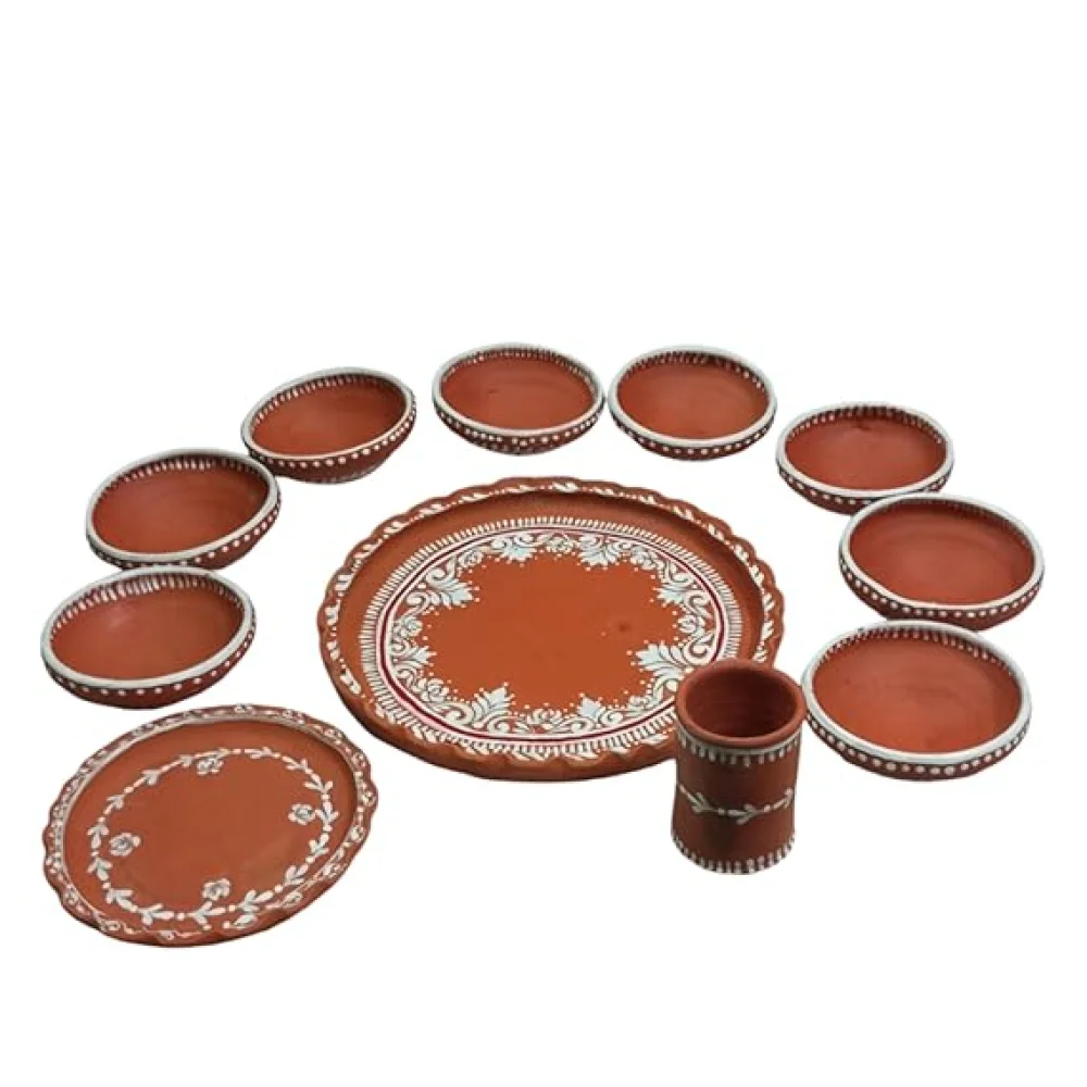 Terracotta Dinner Thali Set – 9 Pc Handmade Clay Earthenware Tableware | Eco-Friendly Traditional Dinnerware | Aiburo Bhaat Rice Feeding Ceremony Special Set