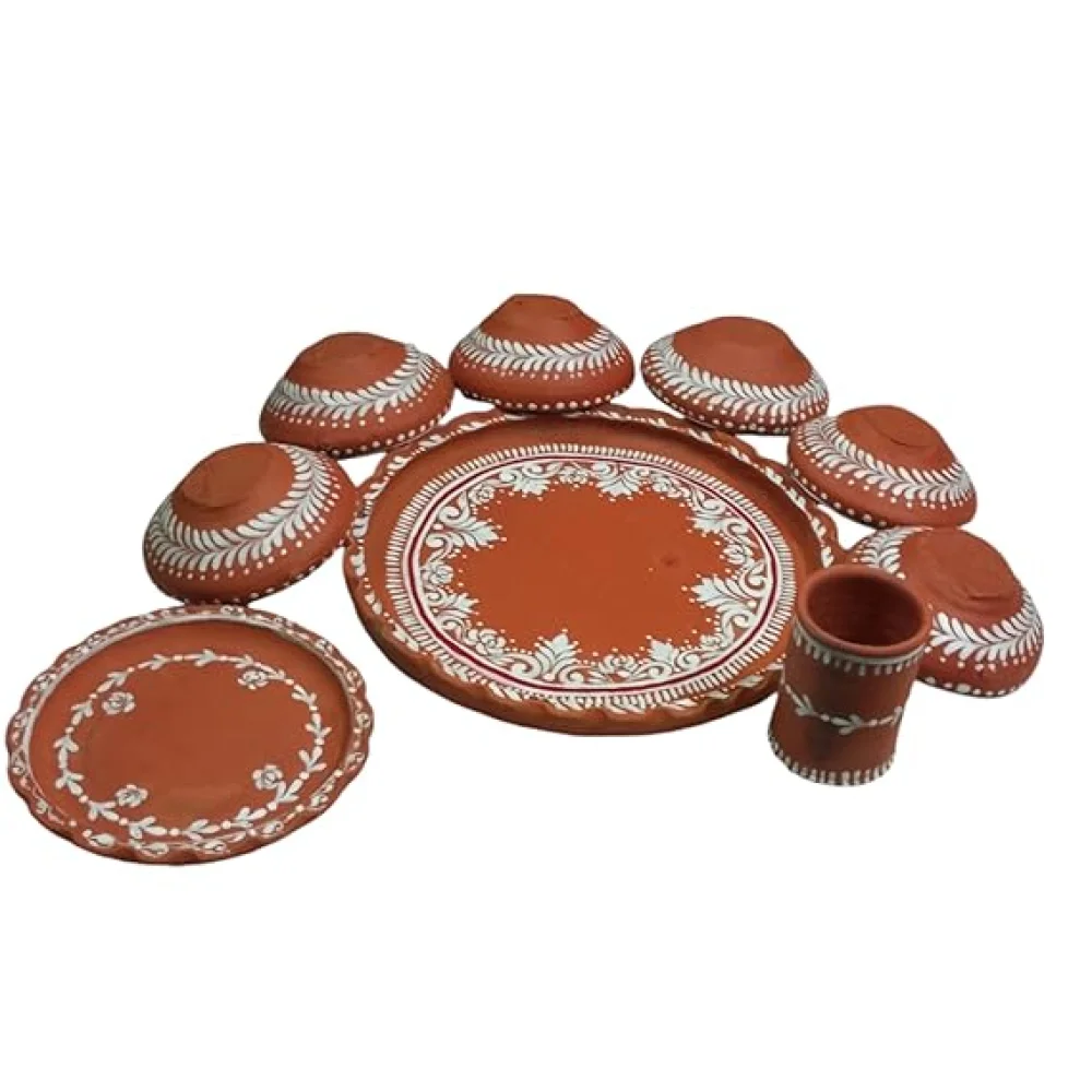 Terracotta Dinner Thali Set – 9 Pc Handmade Clay Earthenware Tableware | Eco-Friendly Traditional Dinnerware | Aiburo Bhaat Rice Feeding Ceremony Special Set