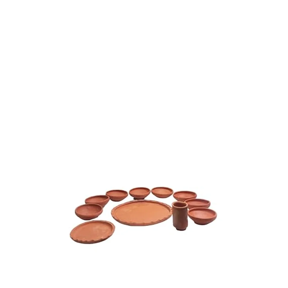 Terracotta Dinner Thali Set – 11 Pc Handmade Clay Earthenware Dinnerware | Eco-Friendly Traditional Tableware | Aiburo Bhaat & Rice Feeding Ceremony Special Set