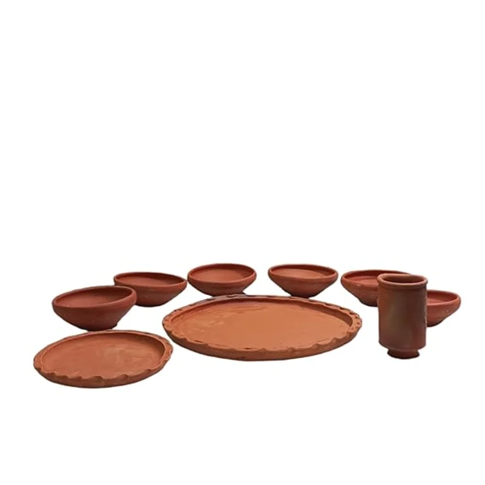 Terracotta Dinner Thali Set – 11 Pc Handmade Clay Earthenware Dinnerware | Eco-Friendly Traditional Tableware | Aiburo Bhaat & Rice Feeding Ceremony Special Set