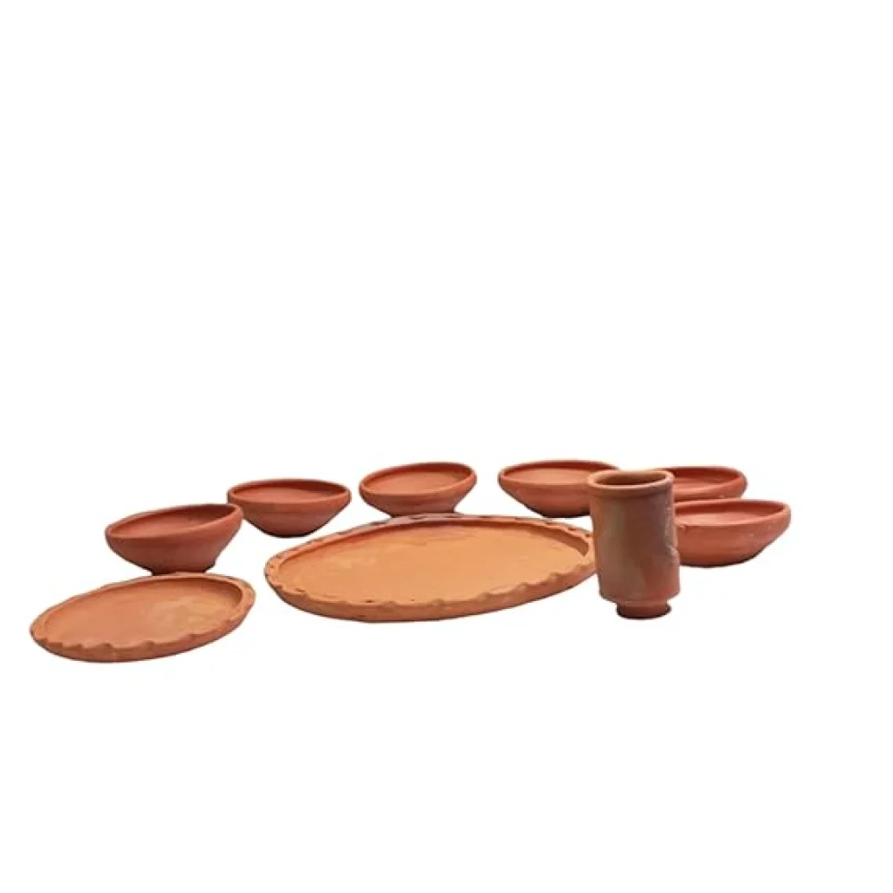 Terracotta Dinner Thali Set – 11 Pc Handmade Clay Earthenware Dinnerware | Eco-Friendly Traditional Tableware | Aiburo Bhaat & Rice Feeding Ceremony Special Set