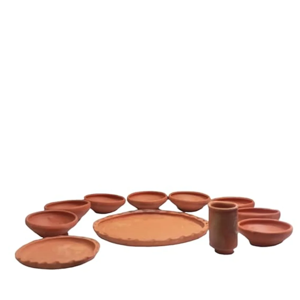Terracotta Dinner Thali Set – 11 Pc Handmade Clay Earthenware Dinnerware | Eco-Friendly Traditional Tableware | Aiburo Bhaat & Rice Feeding Ceremony Special Set