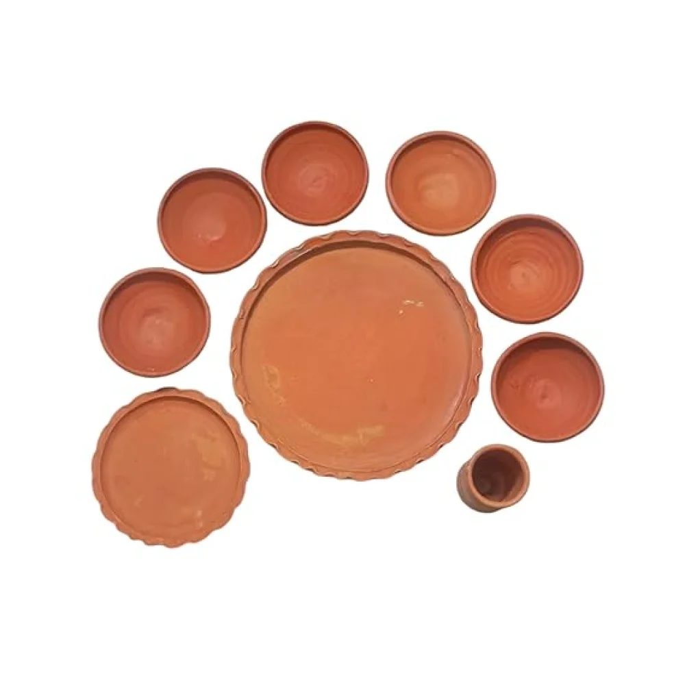 Terracotta Dinner Thali Set – 11 Pc Handmade Clay Earthenware Dinnerware | Eco-Friendly Traditional Tableware | Aiburo Bhaat & Rice Feeding Ceremony Special Set