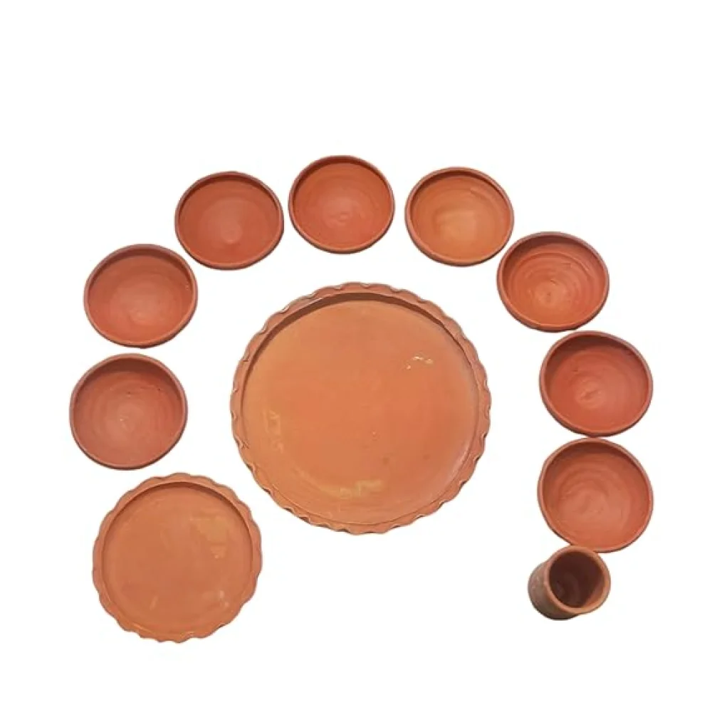 Terracotta Dinner Thali Set – 11 Pc Handmade Clay Earthenware Dinnerware | Eco-Friendly Traditional Tableware | Aiburo Bhaat & Rice Feeding Ceremony Special Set