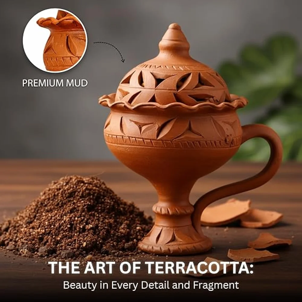 Handcrafted Terracotta Dhunachi with Lid – Traditional Clay Incense Burner for Pooja, Mitti Aroma Home Fragrance Holder, Festive Décor & Spiritual Gifting