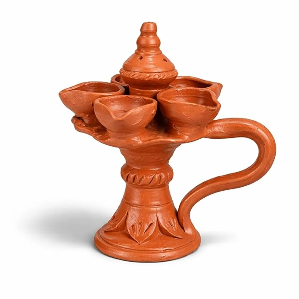 Wheel Thrown Terracotta Panch Diya Stand with Handle & Incense Holder – Traditional Clay Oil Lamp for Pooja, Navaratri & Diwali Décor, Festive Lighting & Gifting